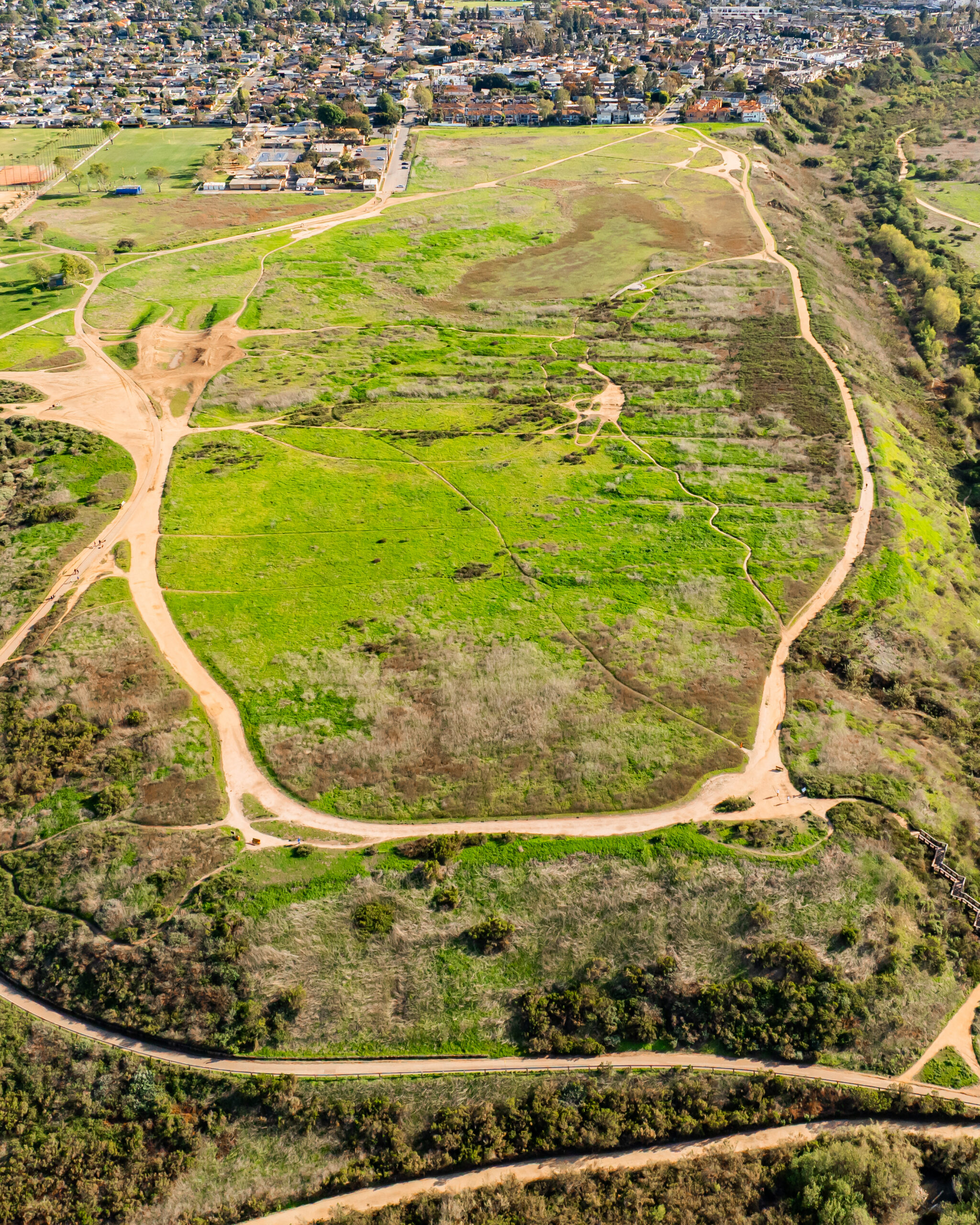 Aerial view of a large grassy hill with winding dirt trails, surrounded by green and brown vegetation. Residential houses border the edge in the background, just a short drive from popular beaches near Costa Mesa.