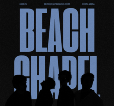 Four people are silhouetted in front of large, light blue text that reads BEACH CHAPEL on a black background, with additional small text above listing a date, website, and location.