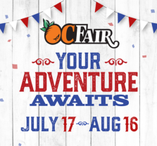 OC Fair sign with an orange logo, red and blue bunting, and text: Your Adventure Awaits, July 17 - Aug 16 on a white wooden background.
