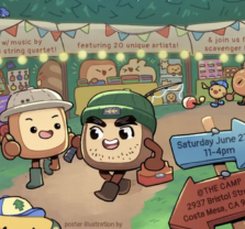Two cute, cartoon bread characters walk happily at an outdoor market with colorful booths, string lights, and banners promoting music, art, and a scavenger hunt. A sign shows event details for June 24 in Costa Mesa, CA.