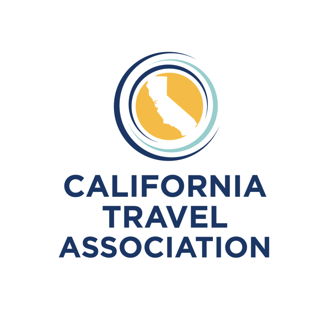 Logo for the California Travel Association featuring a yellow silhouette of California inside a circular design above the organizations name in bold blue letters on a white background.
