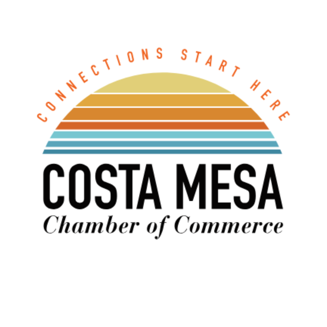 Logo of the Costa Mesa Chamber of Commerce featuring a stylized sun with orange and blue stripes. The text reads Connections Start Here above Costa Mesa Chamber of Commerce.