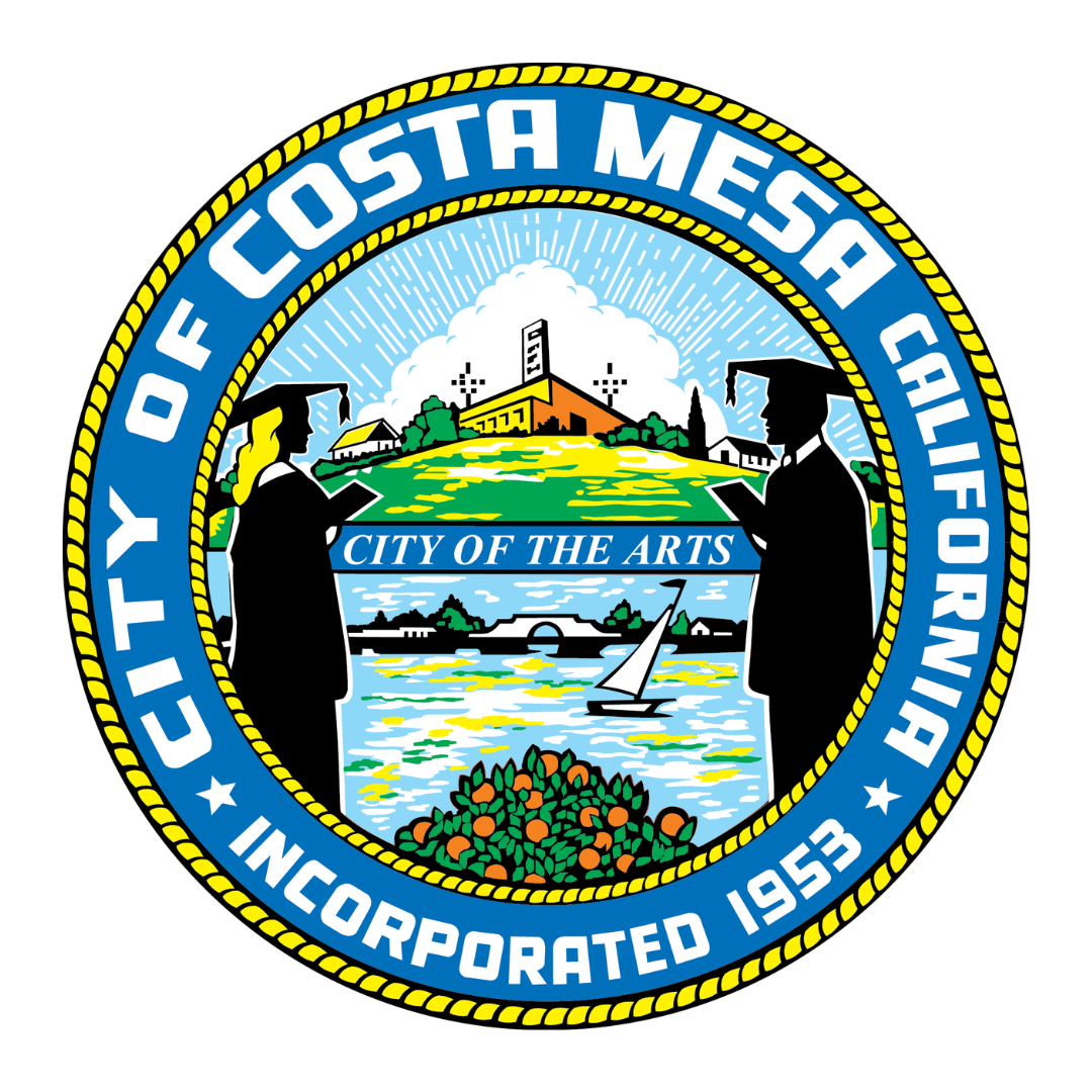 City of Costa Mesa, California seal featuring two graduates, a cityscape, sailboat, orange trees, and the phrase “City of the Arts.” Blue and yellow ring states “Incorporated 1953.”.