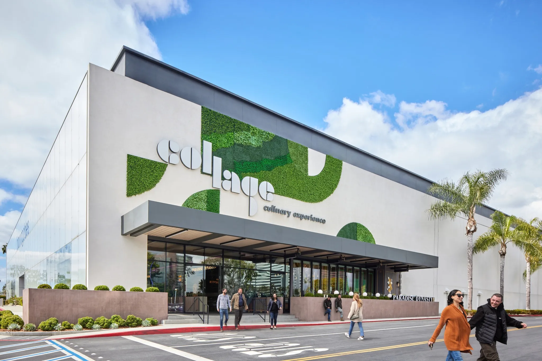 Modern building with large Collage culinary experience sign, geometric green accents, and glass entrance. Several people are walking outside on a sunny day with palm trees and blue sky in the background.