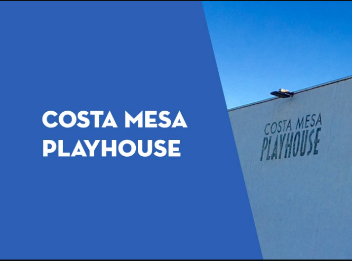 Blue and white graphic with bold text Costa Mesa Playhouse next to a photo of the building wall labeled Costa Mesa Playhouse, set against a clear blue sky, just minutes from Segerstrom Performing Arts Center Costa Mesa.