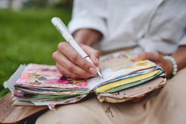 A person sits outdoors on grass, writing in a colorful, decorated journal with a pen. The journal has layered, textured pages with various designs and colors. The person wears a white shirt and a beaded bracelet.