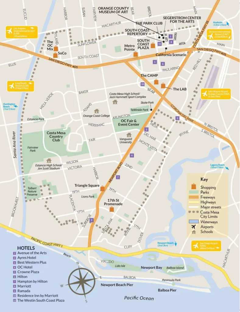 Illustrated map of Costa Mesa, CA, showing major roads, hotels, shopping centers, attractions, parks, and airports, with icons and labels for each location and a color-coded key for easy reference.
