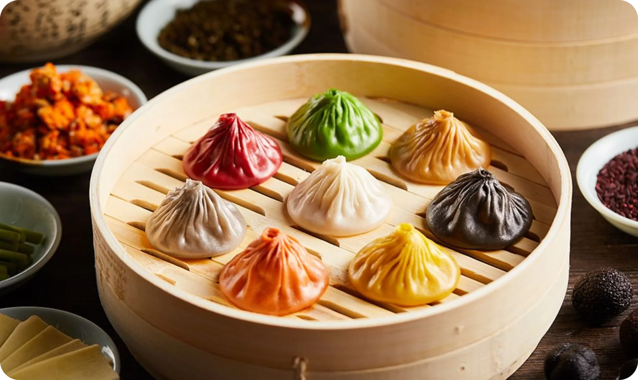 A bamboo steamer filled with nine colorful soup dumplings, each a different color, surrounded by small dishes of various ingredients on a wooden table.