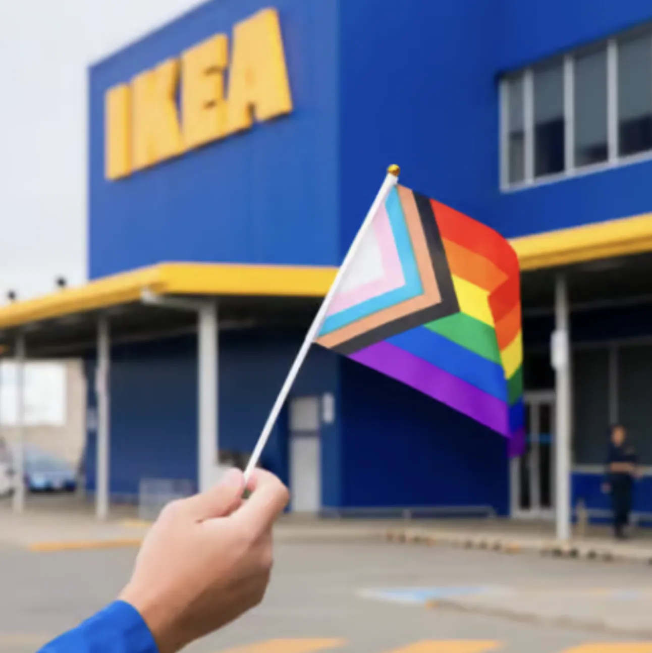 A person holds a Progress Pride flag outside an IKEA store with a blue and yellow exterior.