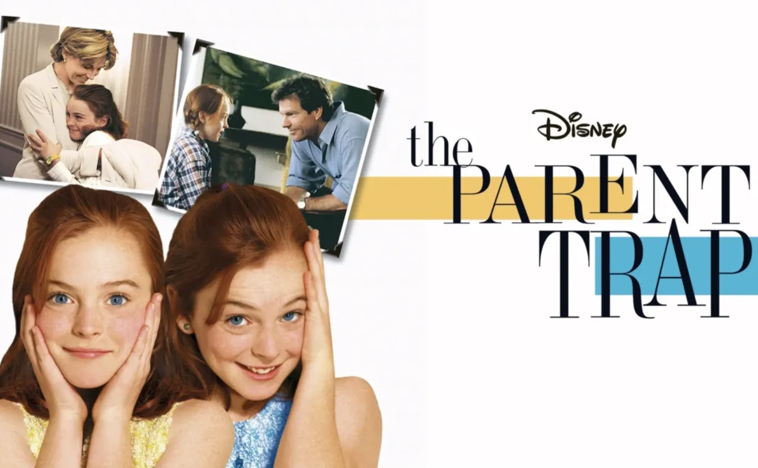 Poster for Disney’s The Parent Trap featuring two identical red-haired girls smiling with their hands on their faces, and smaller photos above showing a woman hugging a girl and a man smiling at a girl.