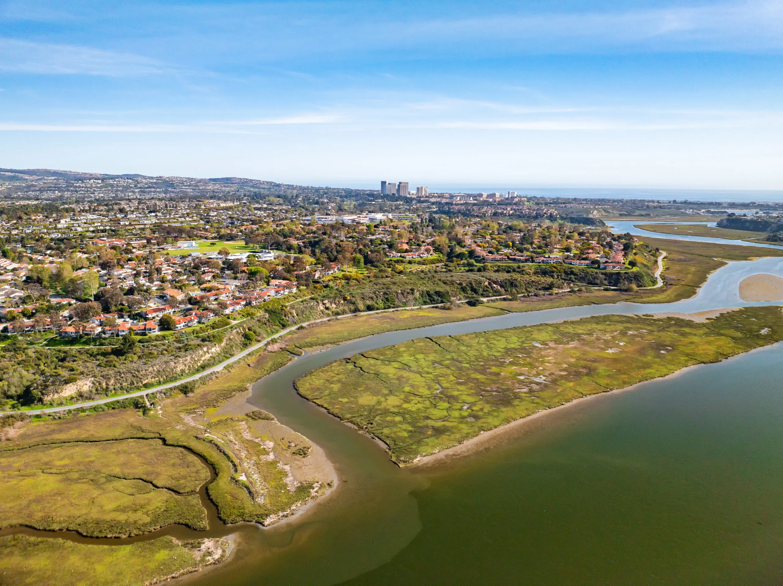 Aerial view of wetlands with green marshes, winding water channels, nearby neighborhood, and city buildings visible in the distance under a clear blue sky.