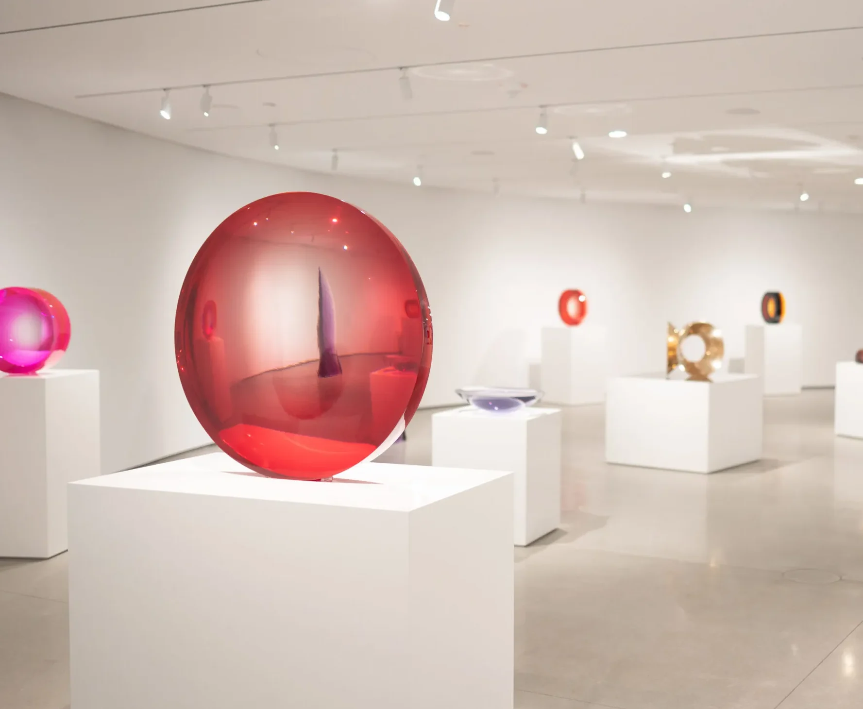 A modern art gallery with white walls and pedestals displaying vibrant, translucent circular sculptures in various colors, primarily red, purple, and orange, under bright ceiling lights.