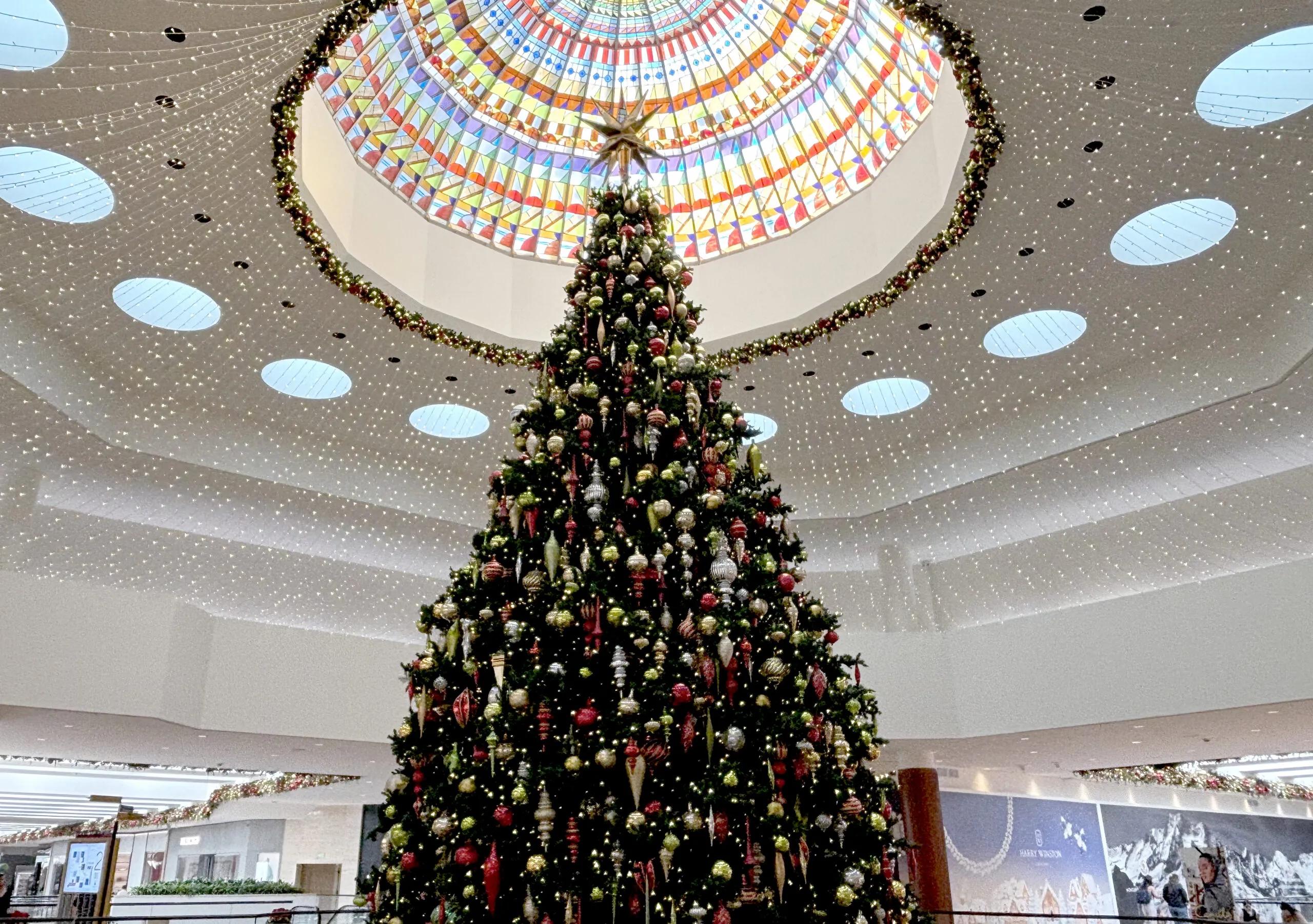 A tall Christmas tree decorated with ornaments stands under a colorful, domed skylight in a large, festive indoor space with hanging string lights.