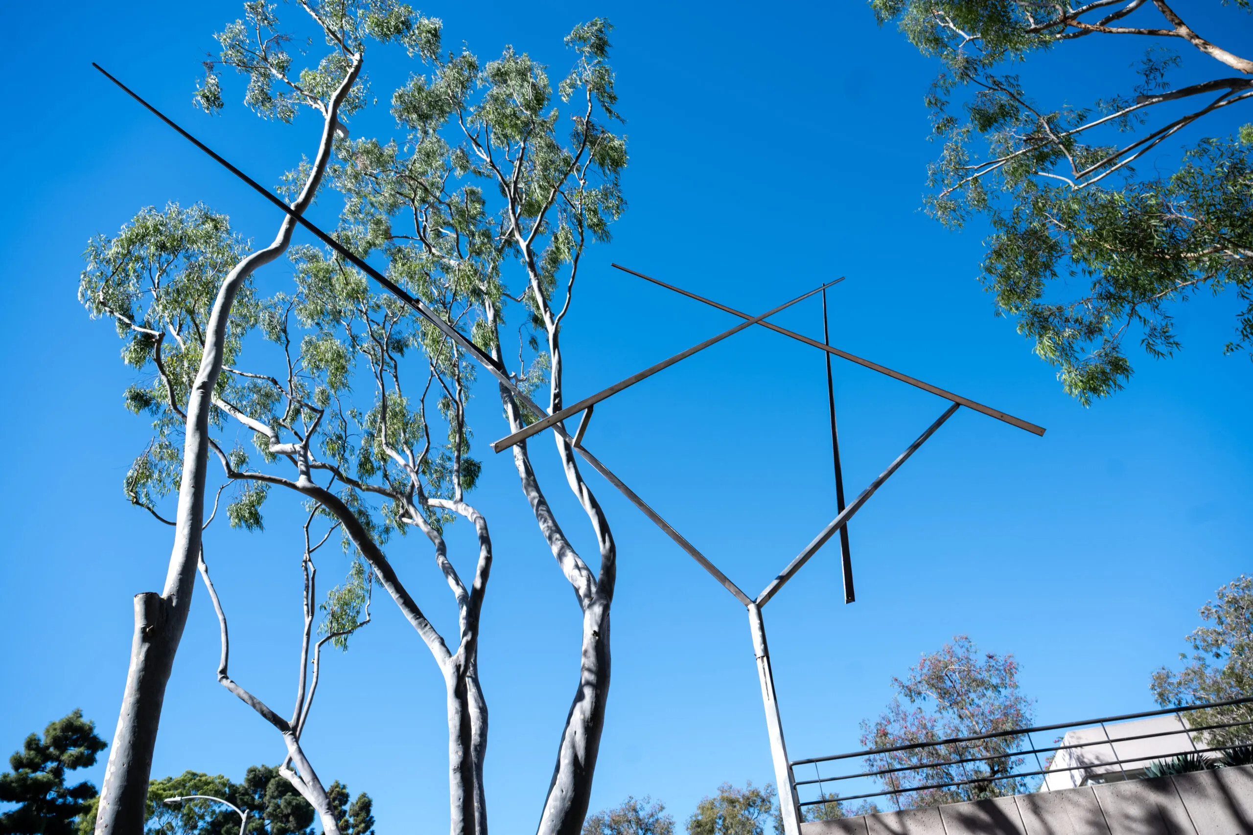 A tall, abstract metal sculpture of thin, intersecting bars stands against a bright blue sky among eucalyptus trees, part of the Costa Mesa art walk.